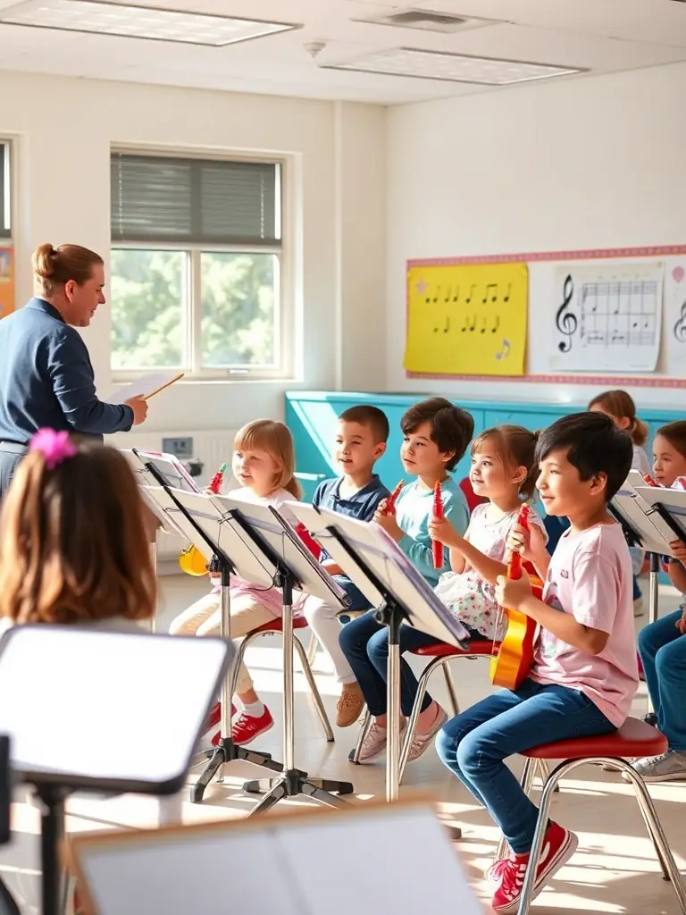 A photo of children participating in a music workshop led by instructors from MUSIQUE AU PAYS ROYANNAIS, emphasizing the organization's focus on music education.